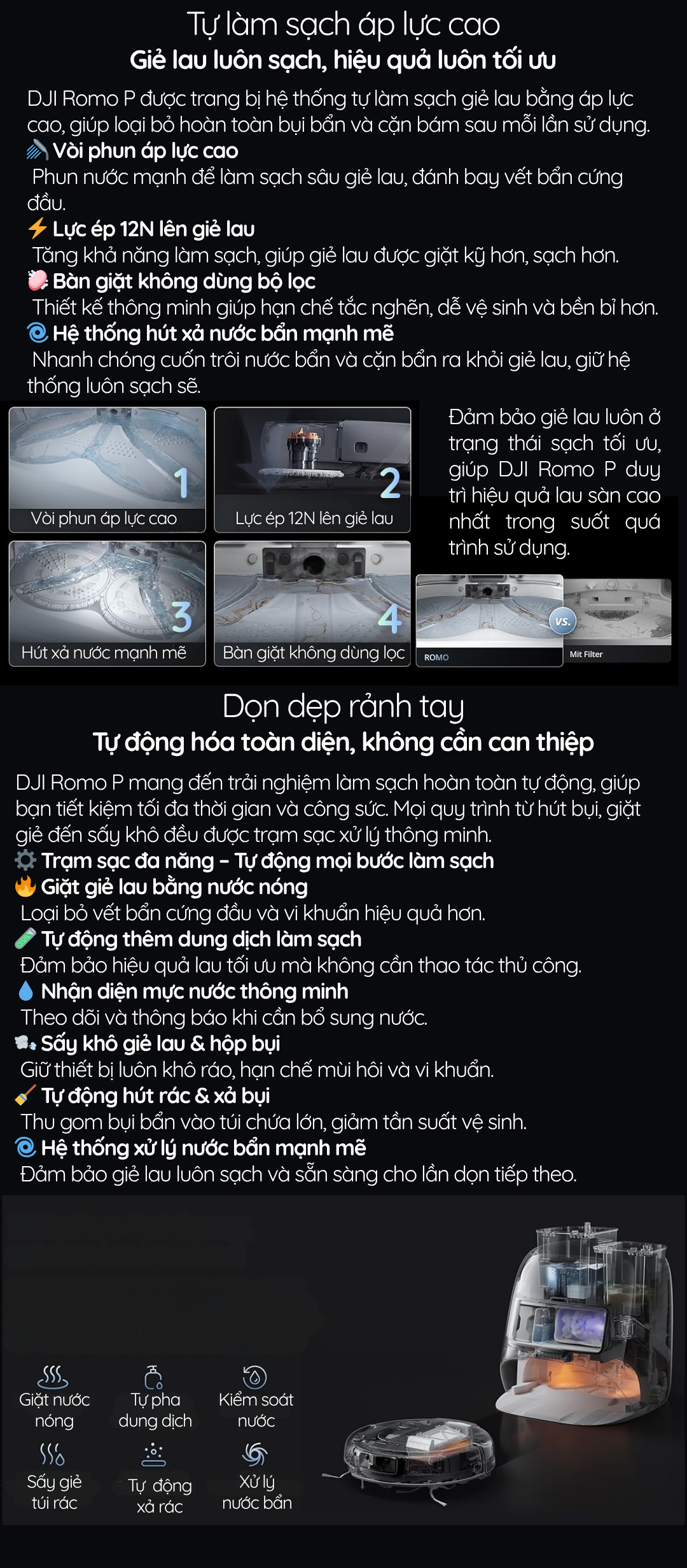 Tự làm sạch áp lực cao Giẻ lau luôn sạch, hiệu quả luôn tối ưu. Dọn dẹp rảnh tay Tự động hóa toàn diện, không cần can thiệp