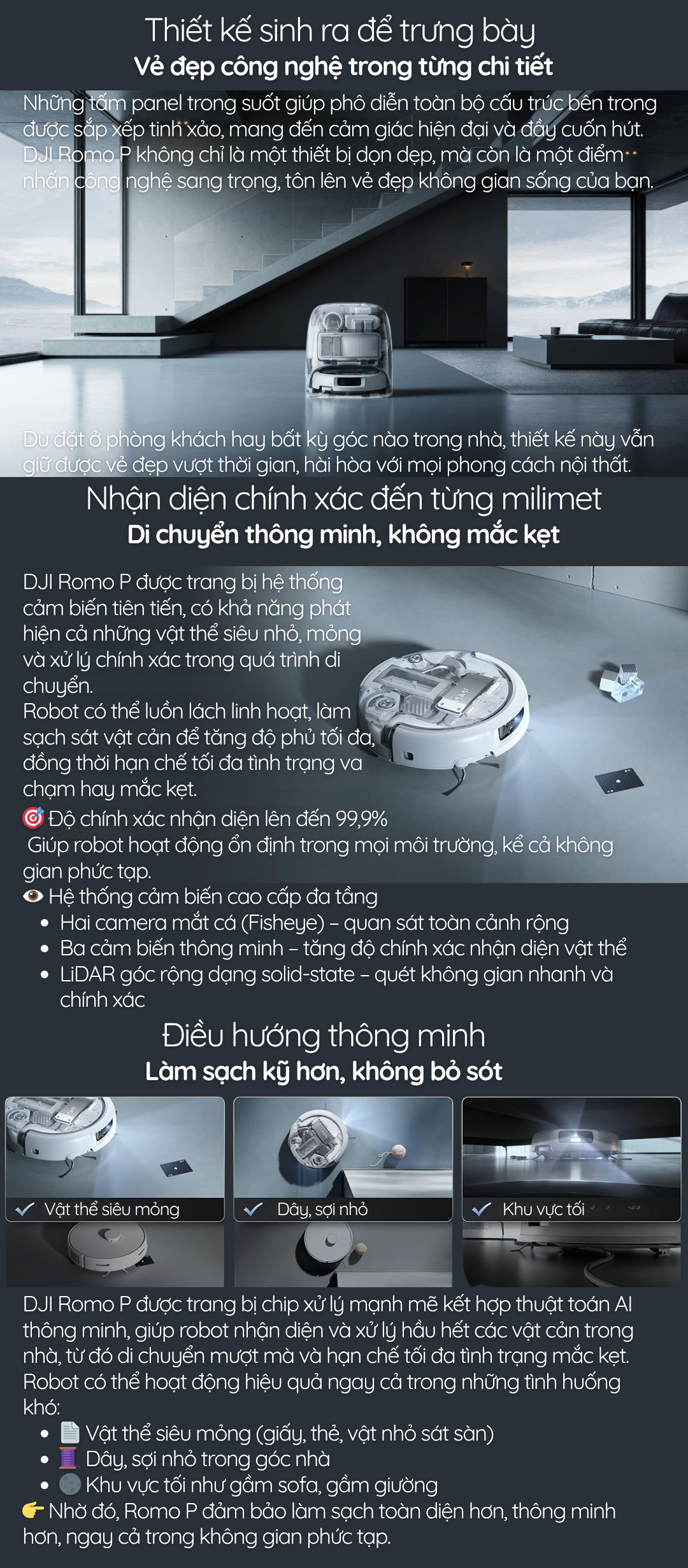 Nhận diện chính xác đến từng milimet Di chuyển thông minh, không mắc kẹt