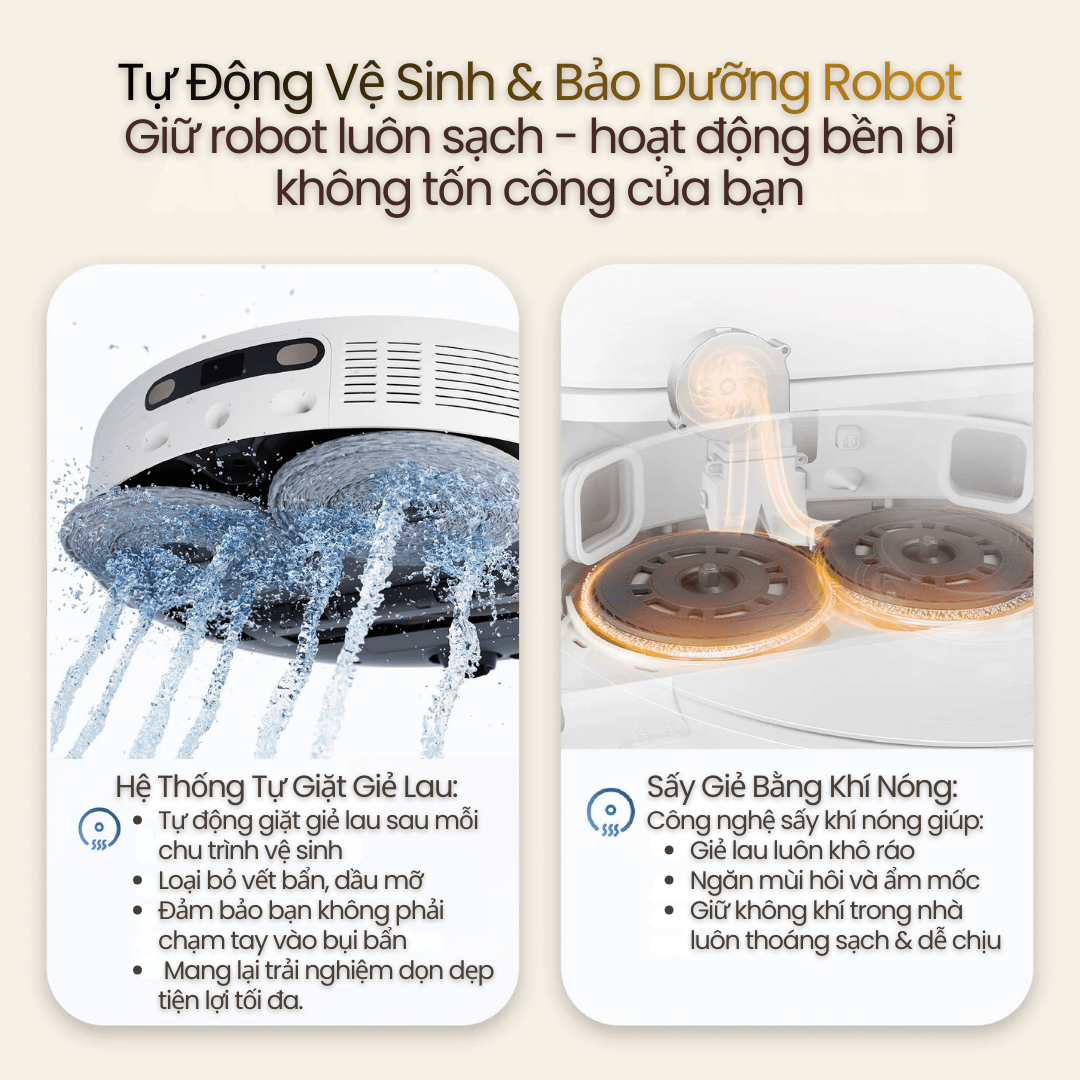 Tự giặt giẻ & sấy khô bằng khí nóng – Giẻ luôn sạch & không mùi