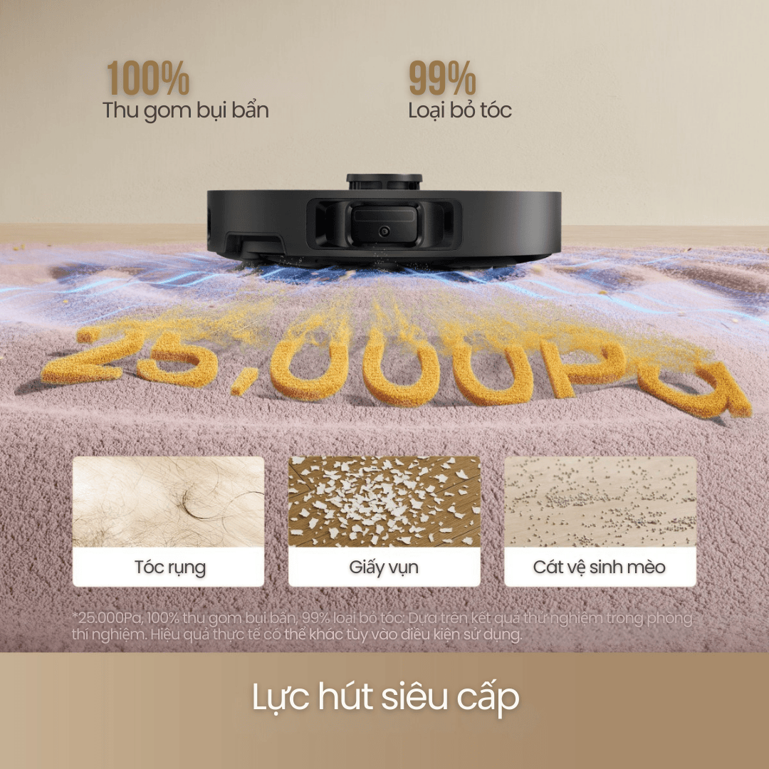 Lực hút siêu mạnh 25.000 Pa - Làm sạch mọi loại bề mặt