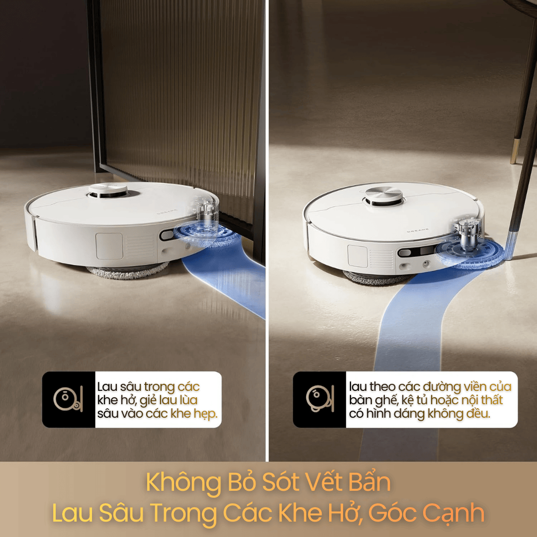 Dreame L40s Ultra lau sâu trong các khe hở, góc cạnh