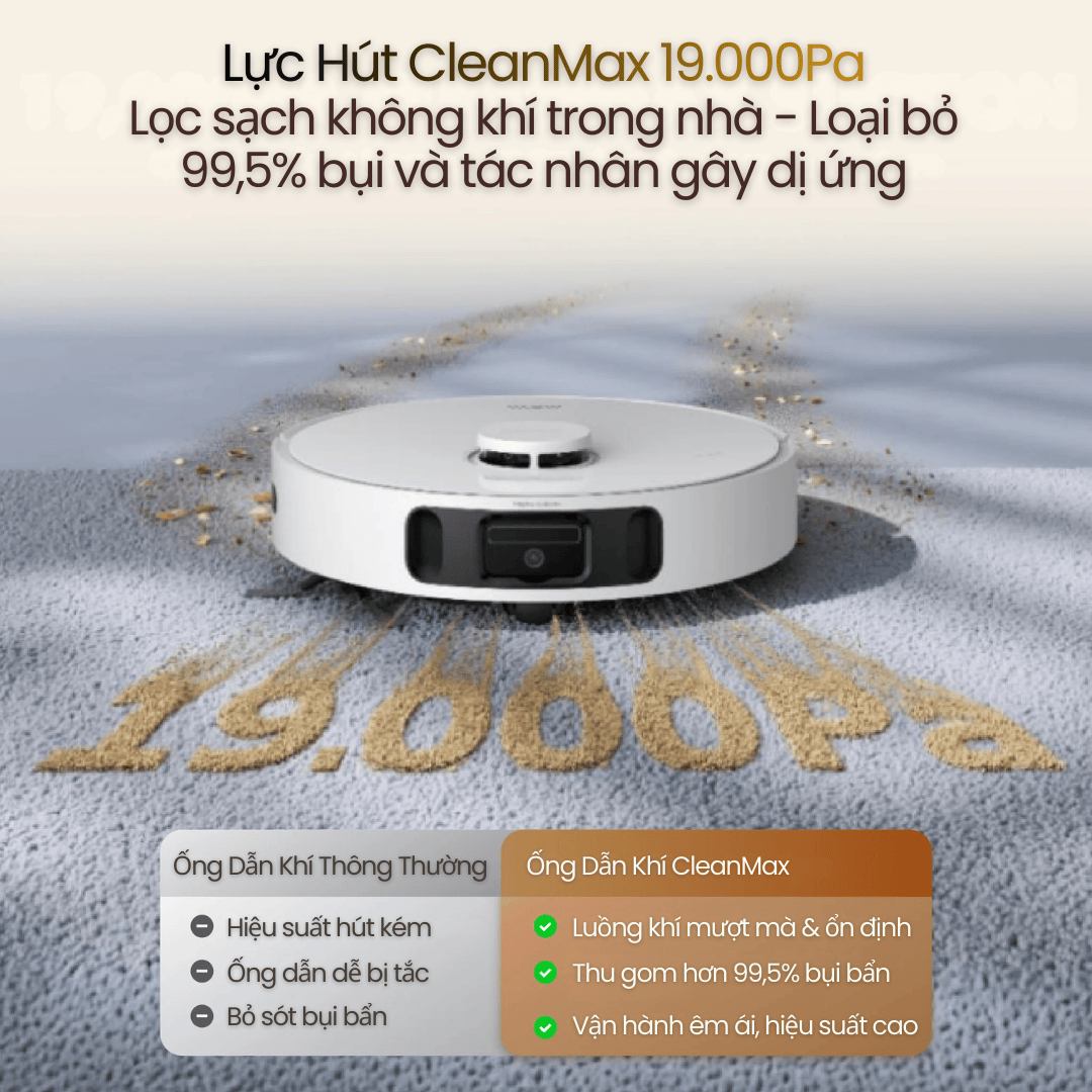 Lực hút mạnh mẽ 19.000Pa – Hiệu suất vượt trội từ động cơ 90.000 vòng/phút