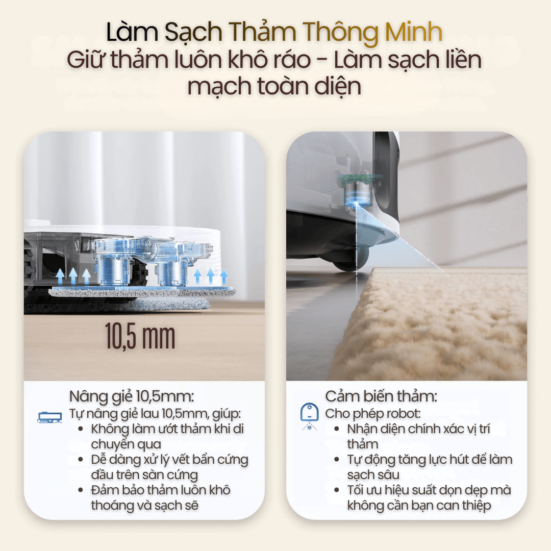 Nhận diện thảm bằng sóng siêu âm – Tự nâng giẻ & tăng lực hút