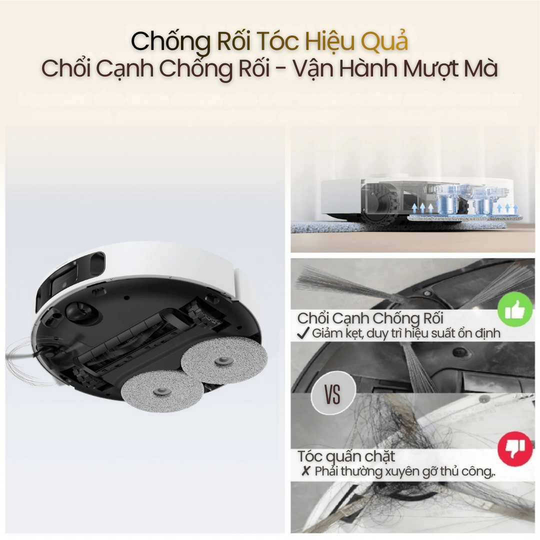Thiết kế chổi cạnh 45° chống rối – Dọn sạch tóc hiệu quả