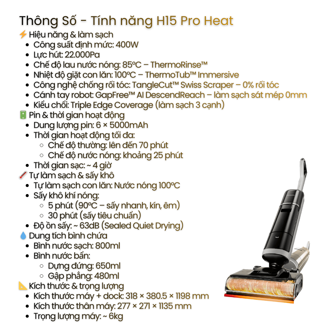 Thông Số Kỹ Thuật Máy Hút Bụi Lau Nhà Dreame H15 Pro Heat