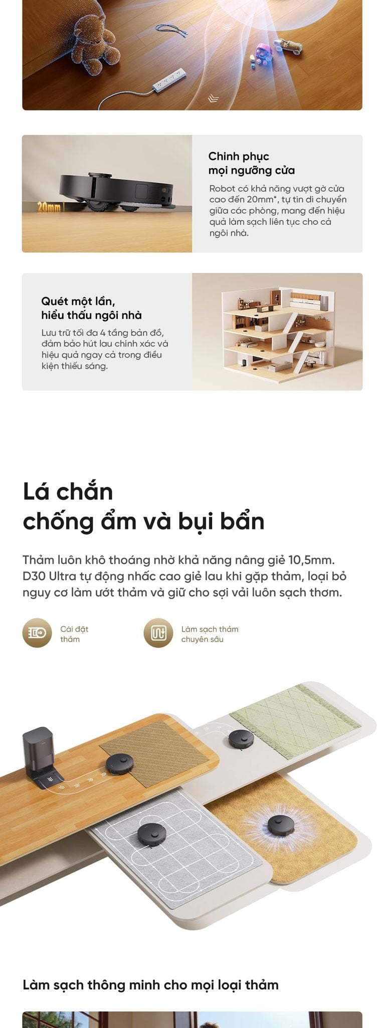 Chăm sóc thảm thông minh với khả năng nâng giẻ 10.5mm