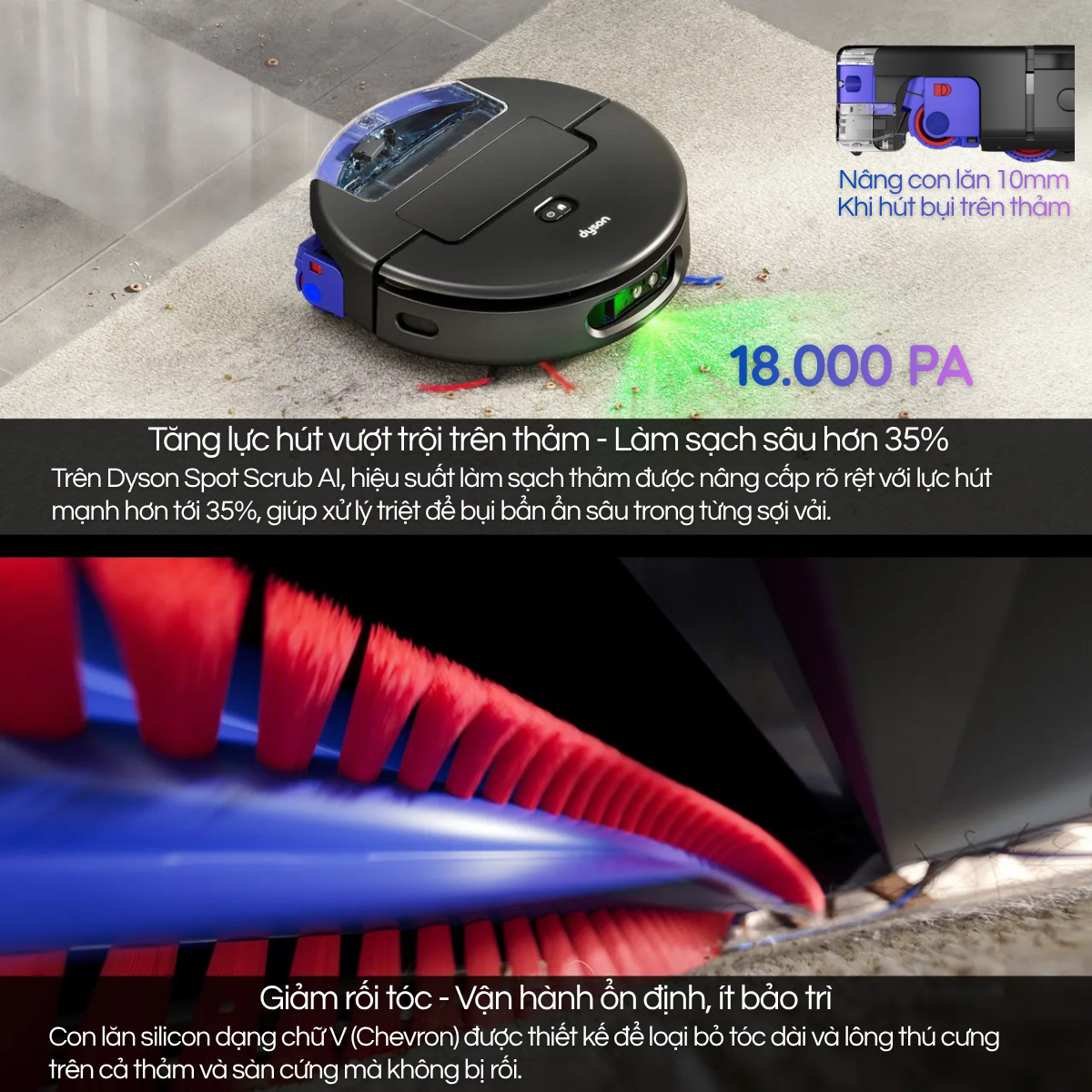 robot hút bụi thảm mạnh, robot hút bụi chống rối tóc, robot hút bụi Dyson cao cấp, robot hút bụi lông thú, robot hút bụi lực hút mạnh 18.000pa
