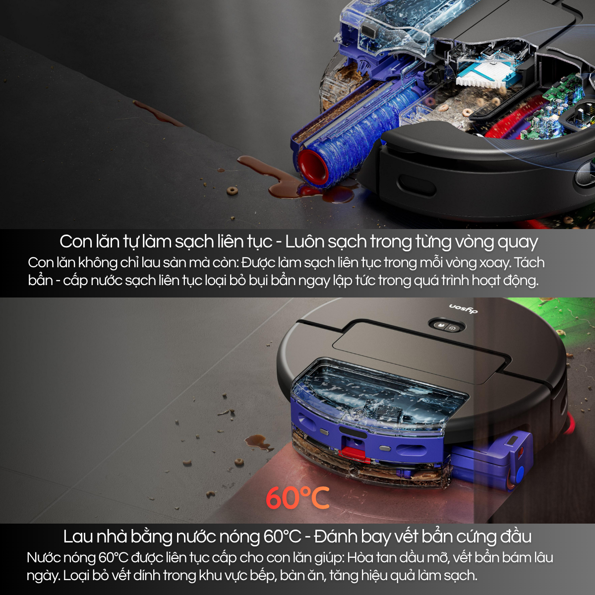 robot lau nhà con lăn tự giặt, robot hút bụi lau nhà tự làm sạch, robot lau nhà cao cấp Dyson, robot lau nhà nước sạch liên tục, robot hút bụi công nghệ con lăn