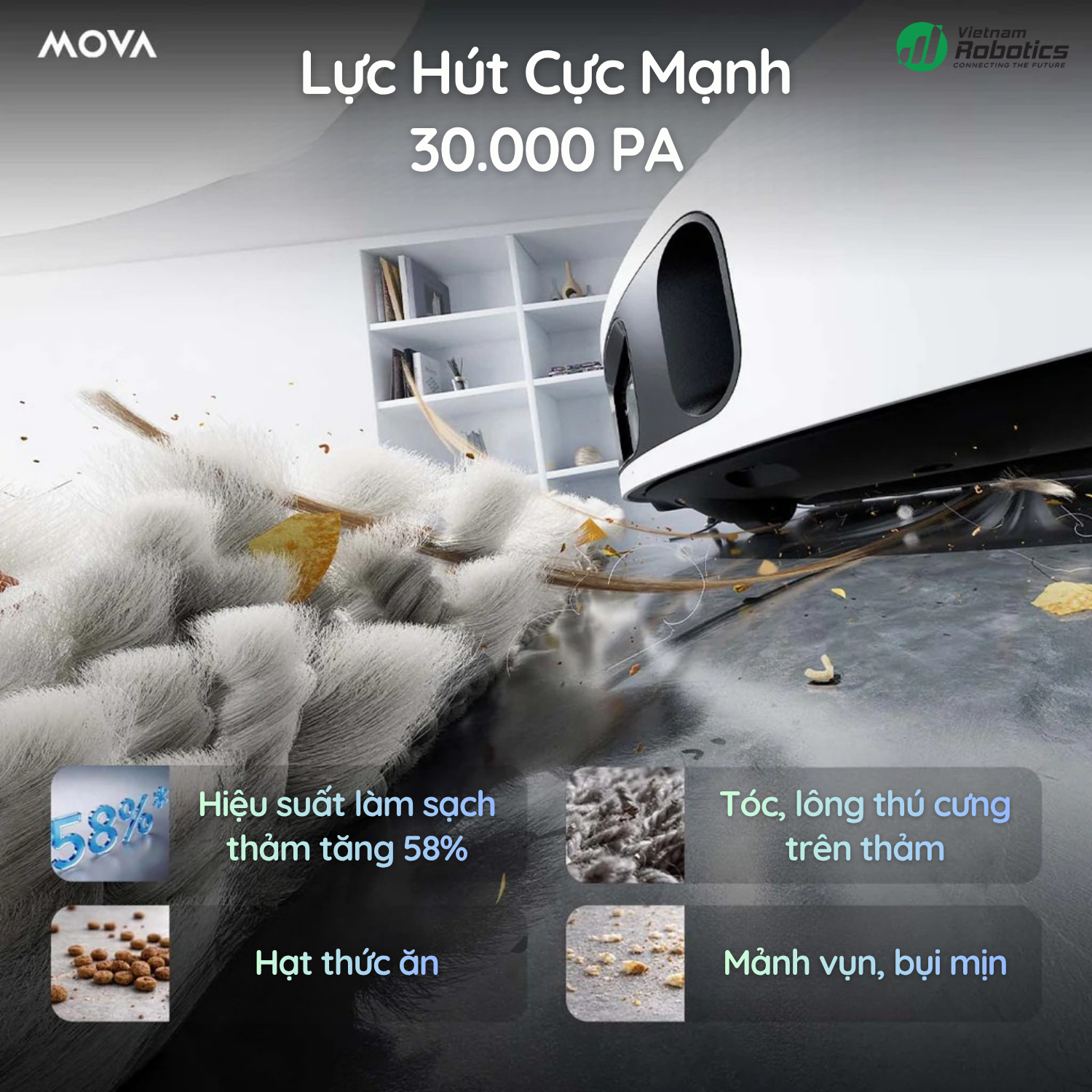 Lực hút Hyper mạnh 30.000Pa – Hút sạch bụi mịn, tóc, rác lớn chỉ trong một lần đi qua