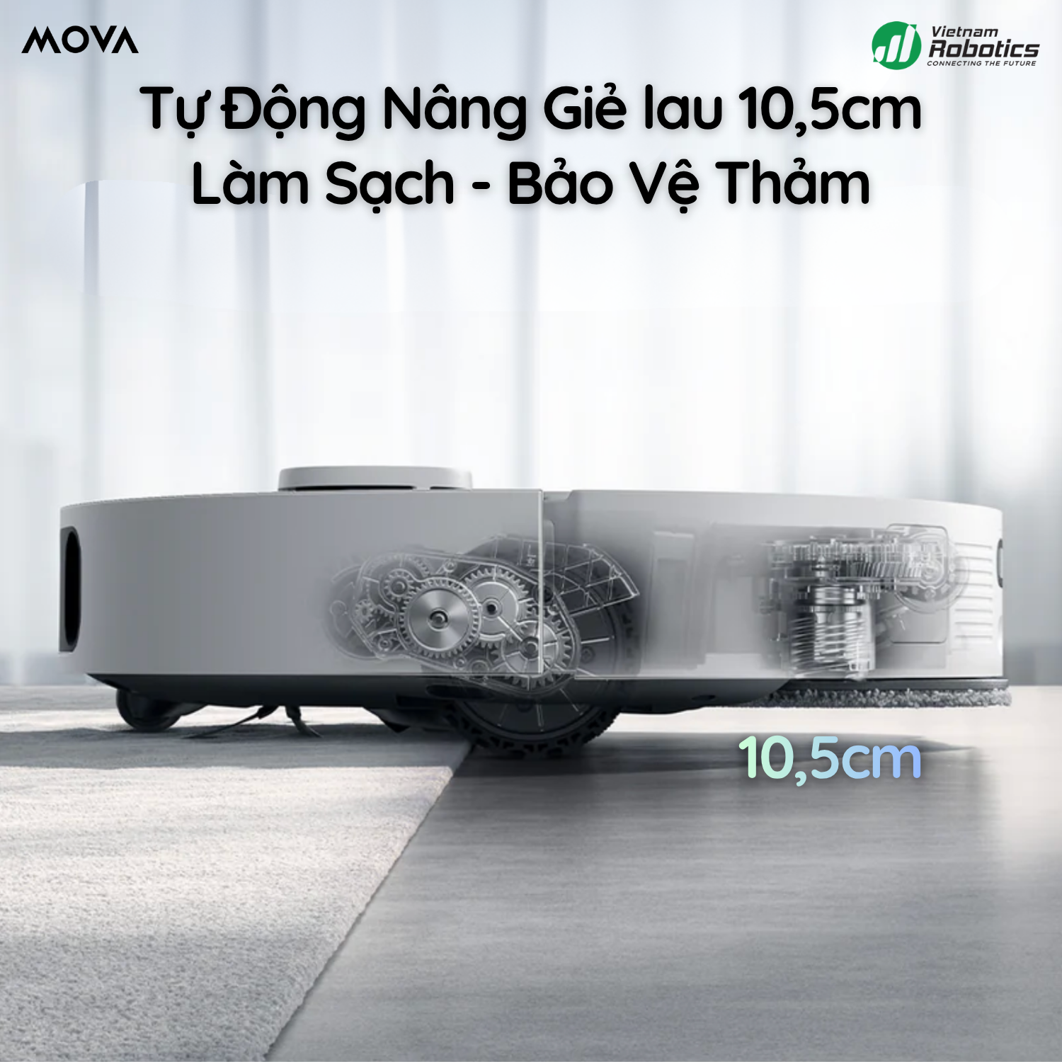 MOVA E50 Ultra có thể tự nâng giẻ lau lên 10.5mm để tránh làm ướt bề mặt thảm