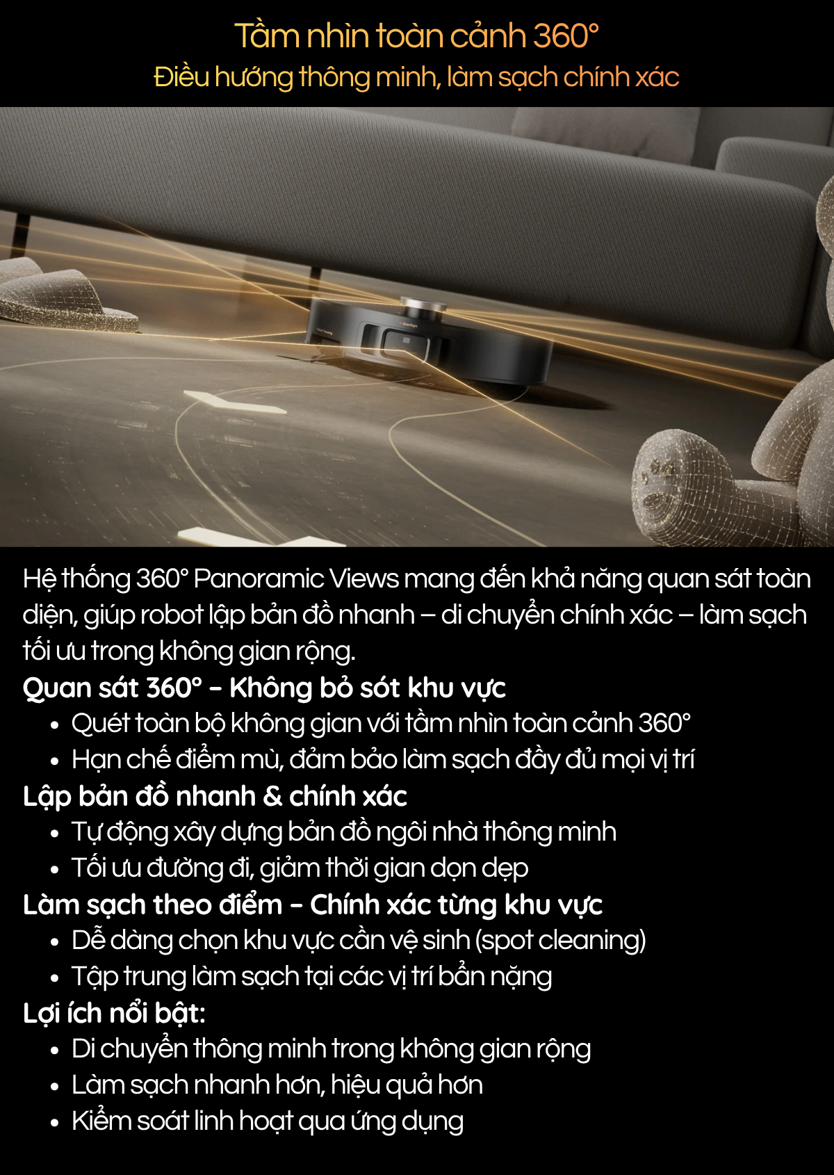 Tầm nhìn toàn cảnh 360° Điều hướng thông minh, làm sạch chính xác