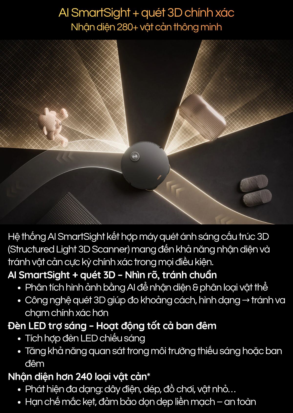 AI SmartSight + quét 3D chính xác Nhận diện 240+ vật cản thông minh