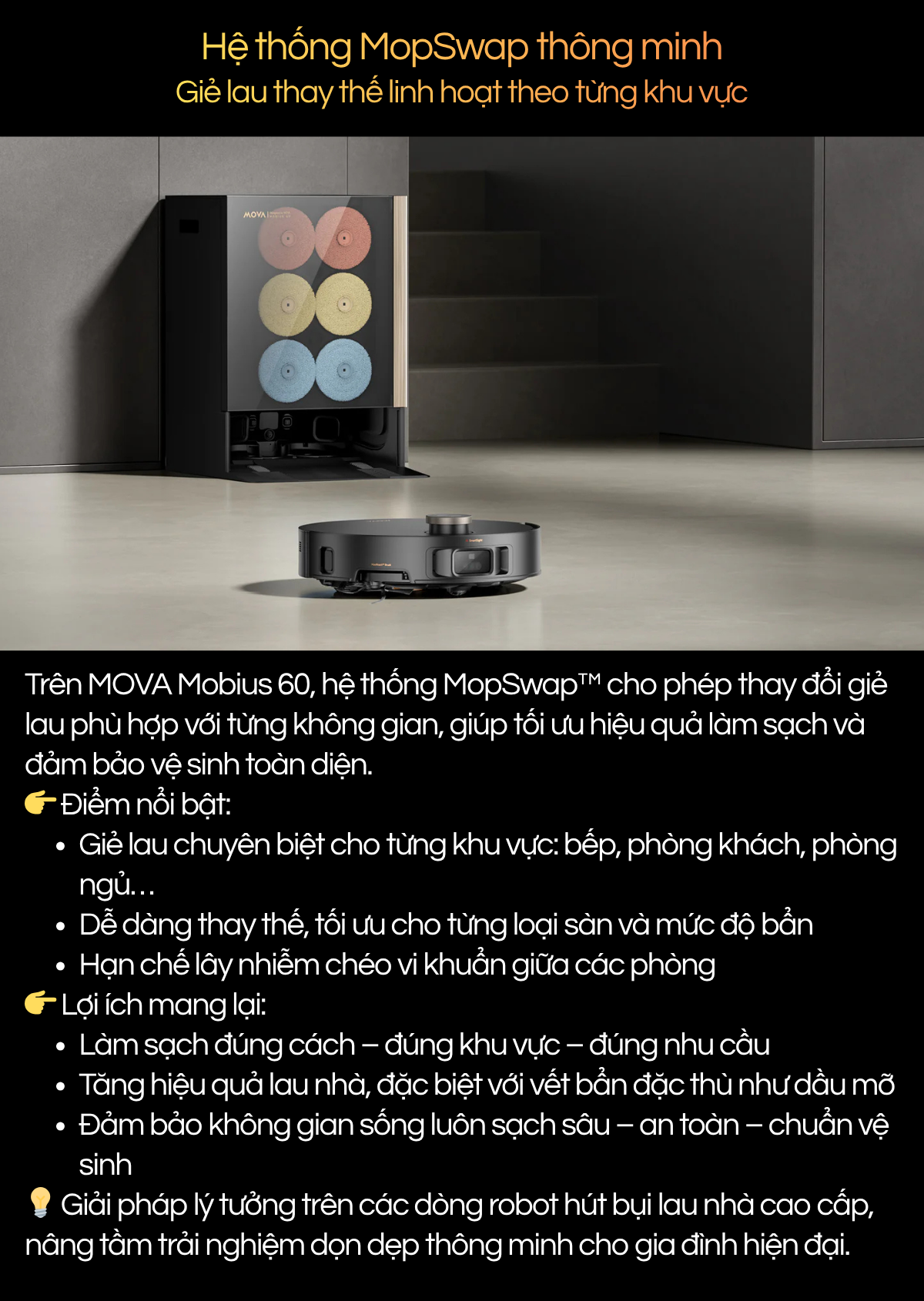 Hệ thống MopSwap thông minh Giẻ lau thay thế linh hoạt theo từng khu vực