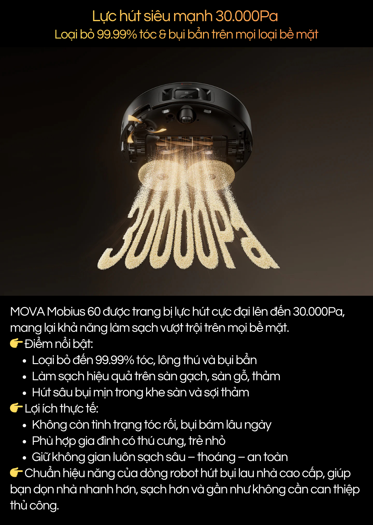 Lực hút siêu mạnh 30.000Pa  Loại bỏ 99.99% tóc & bụi bẩn trên mọi loại bề mặt