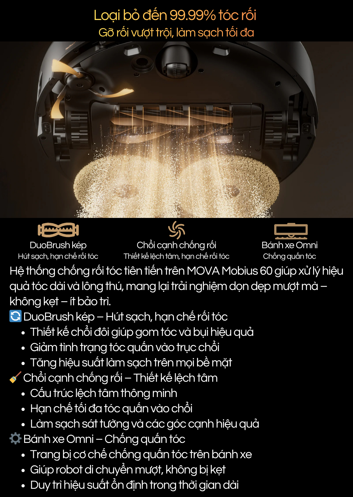 MOVA Mobius 60 - Loại bỏ đến 99.99% tóc rối  Gỡ rối vượt trội, làm sạch tối đa