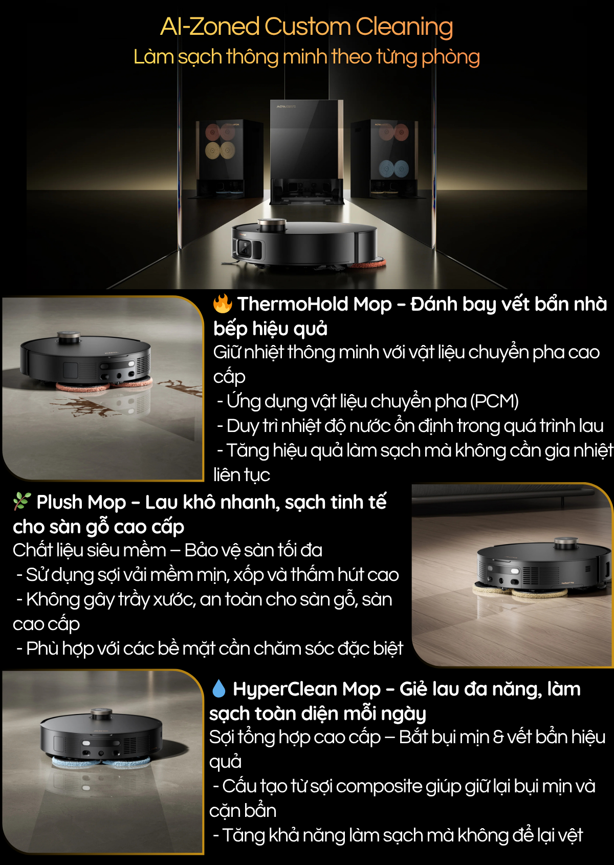 Nâng hạ chổi & giẻ lau thông minh Làm sạch tối ưu từng chế độ