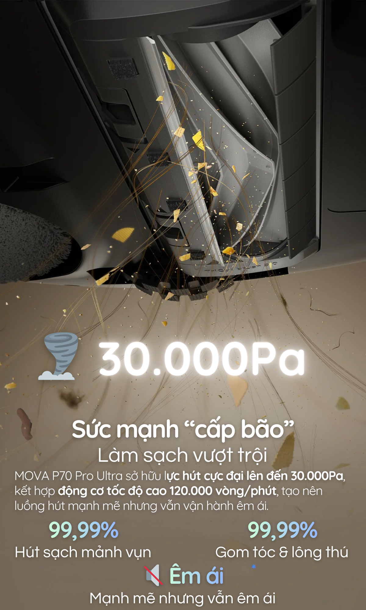 MOVA P70 Pro Ultra sở hữu lực hút cực đại lên đến 30.000Pa, kết hợp động cơ tốc độ cao 120.000 vòng/phút, tạo nên luồng hút mạnh mẽ nhưng vẫn vận hành êm ái.