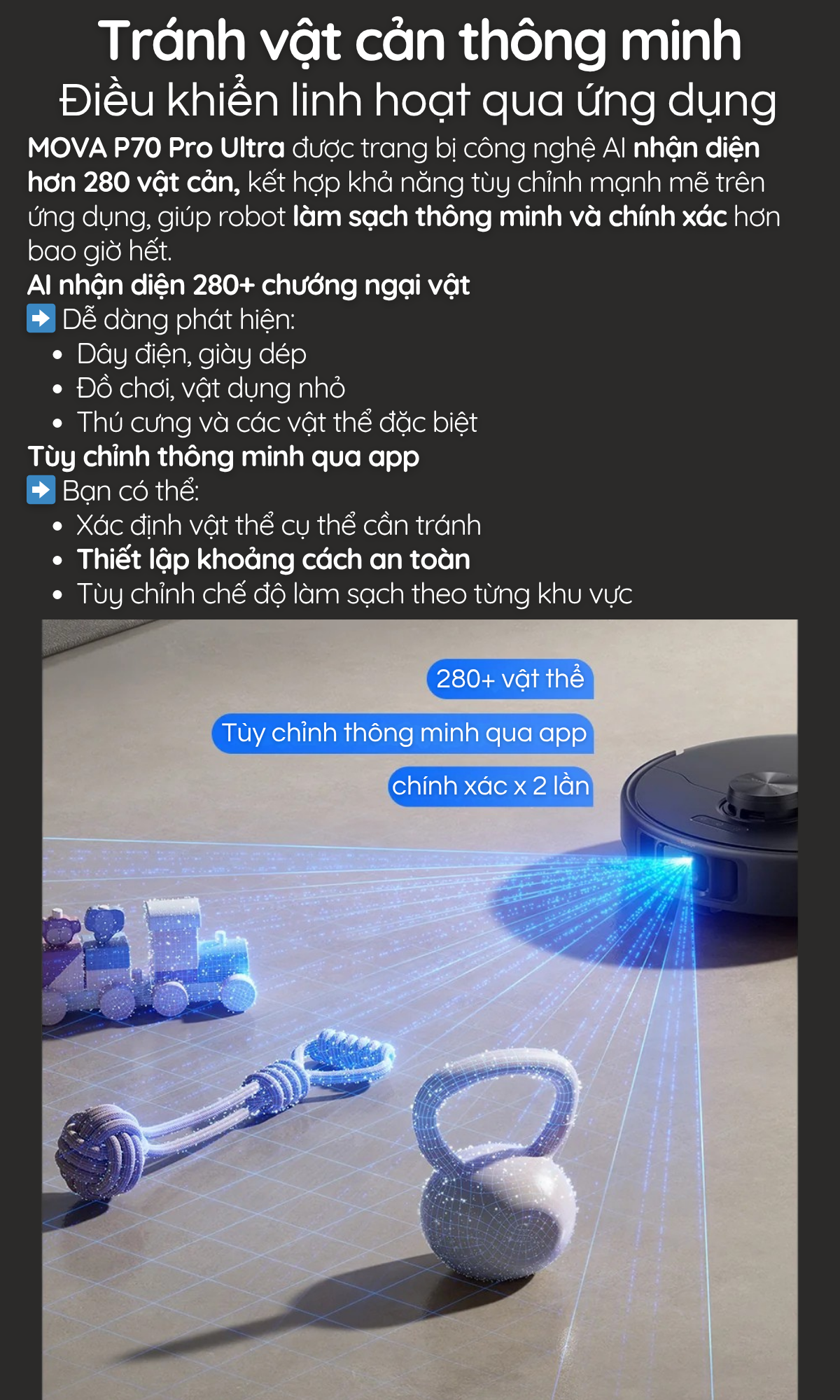 Tránh vật cản thông minh Điều khiển linh hoạt qua ứng dụng