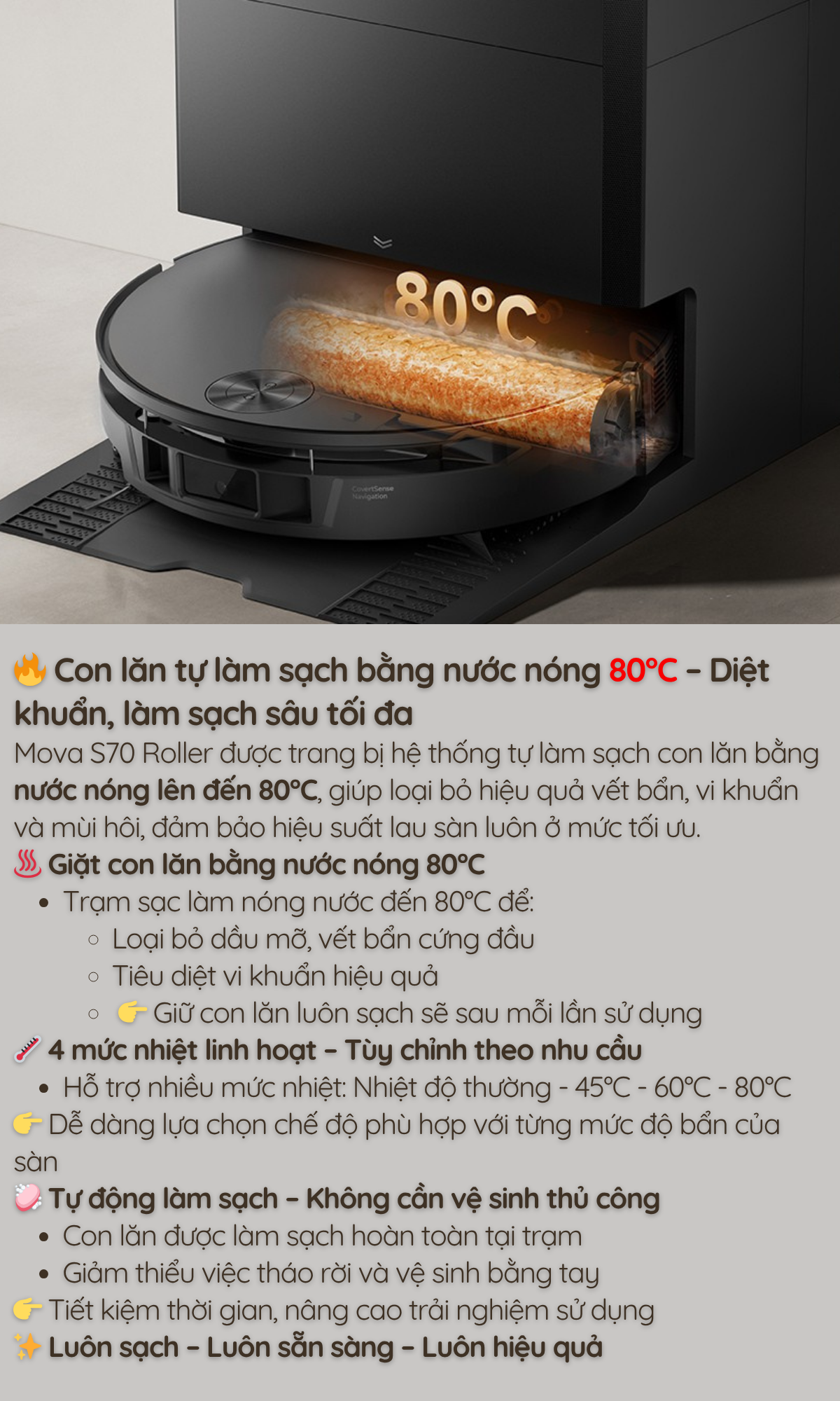 Con lăn tự làm sạch bằng nước nóng 80°C – Diệt khuẩn, làm sạch sâu tối đa