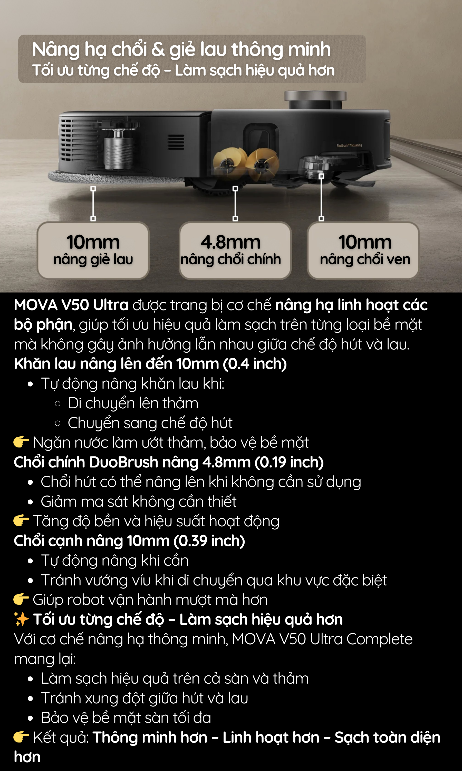 Nâng hạ chổi & giẻ lau thông minh Tối ưu từng chế độ – Làm sạch hiệu quả hơn