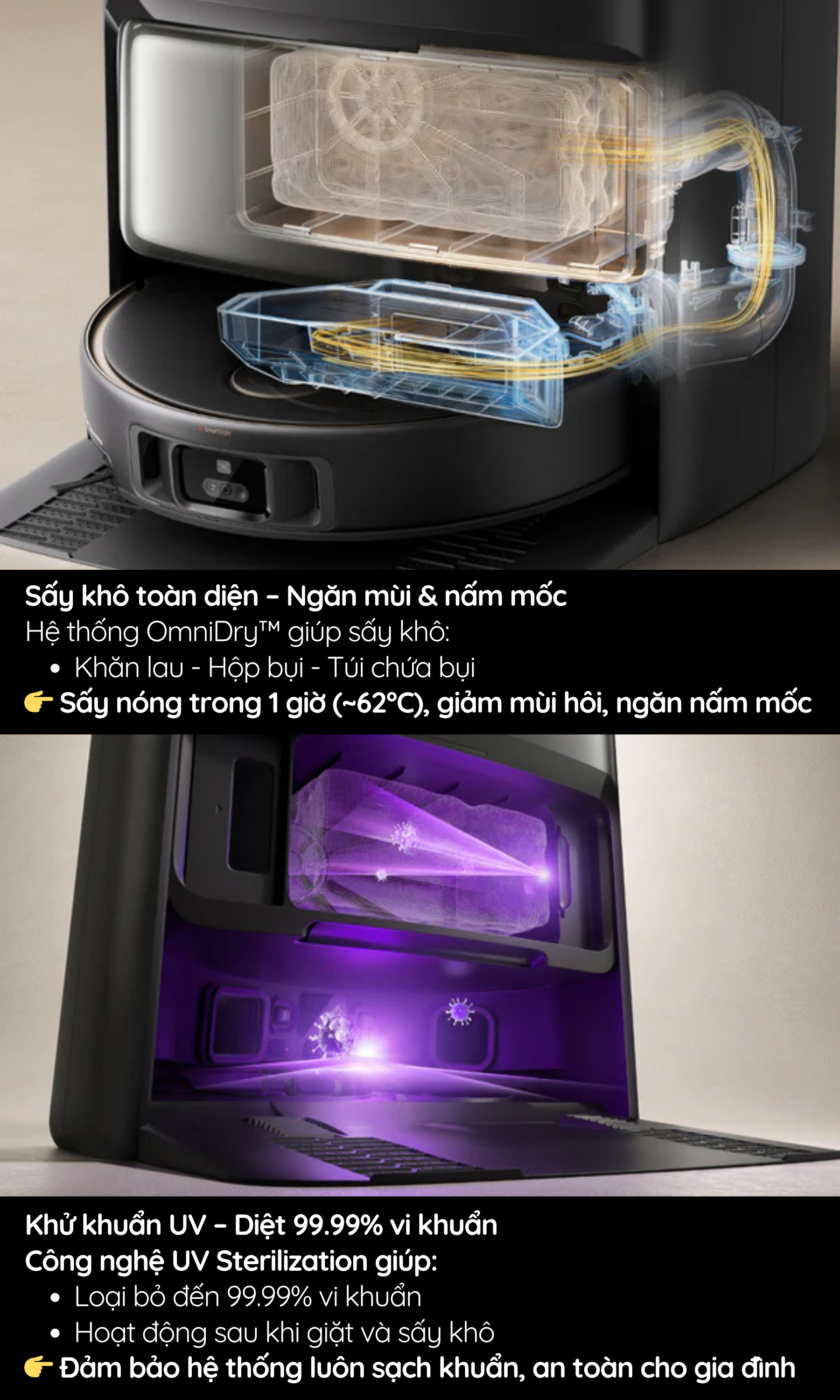 Sấy khô toàn diện, diệt khuẩn bằng UV – Ngăn mùi & nấm mốc