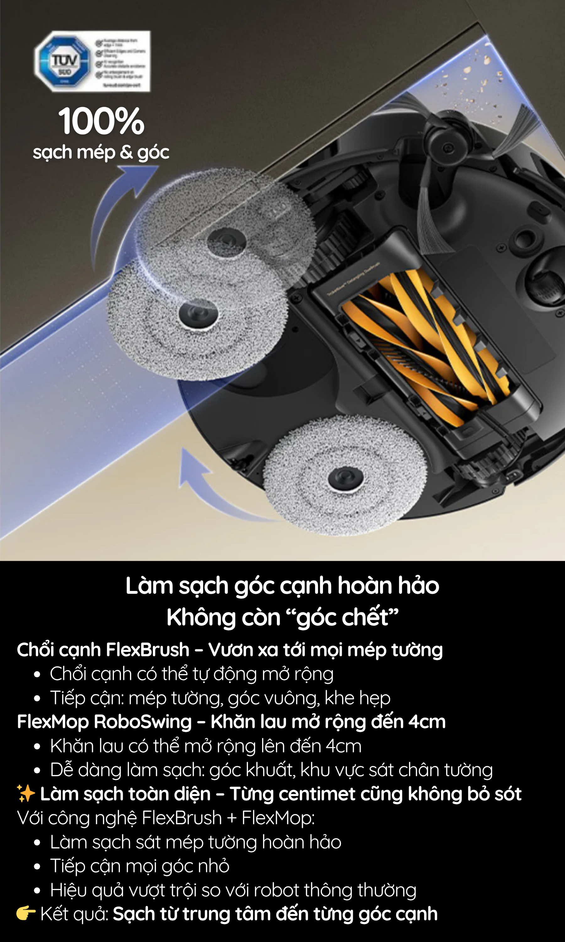 Làm sạch góc cạnh hoàn hảo Không còn “góc chết”