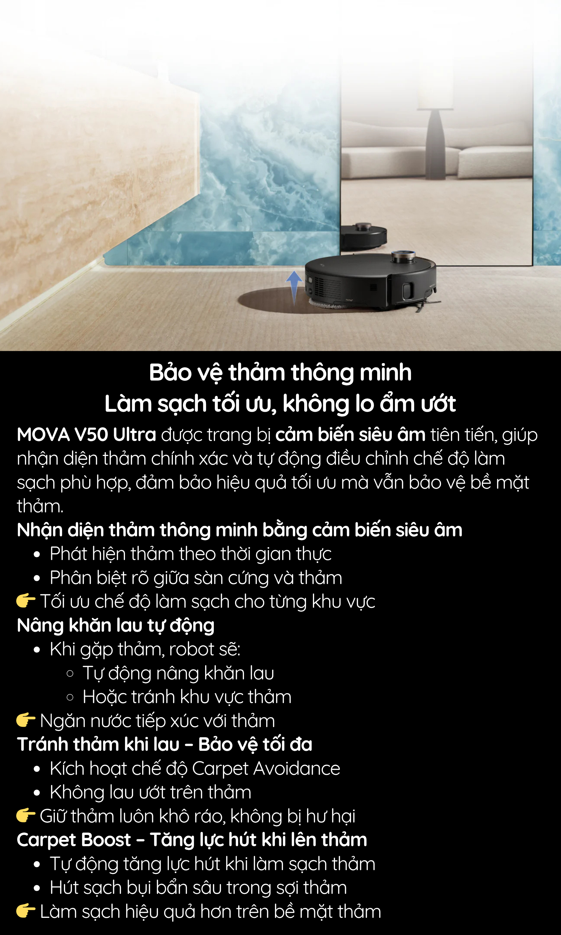 Bảo vệ thảm thông minh Làm sạch tối ưu, không lo ẩm ướt