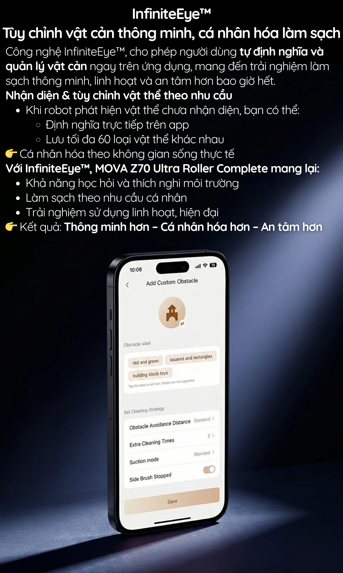 InfiniteEye™ Tùy chỉnh vật cản thông minh, cá nhân hóa làm sạch