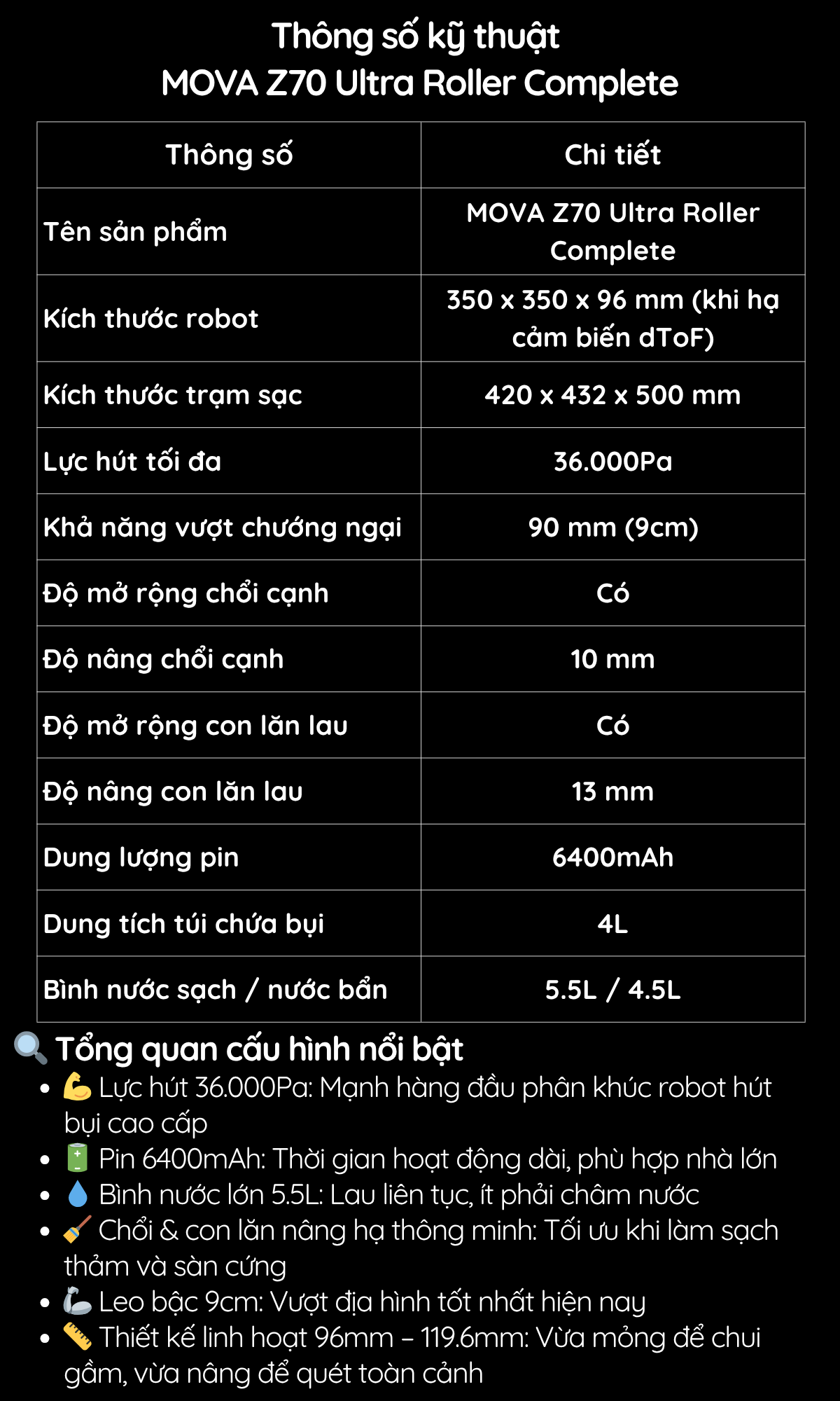 Thông số kỹ thuật  MOVA Z70 Ultra Roller Complete