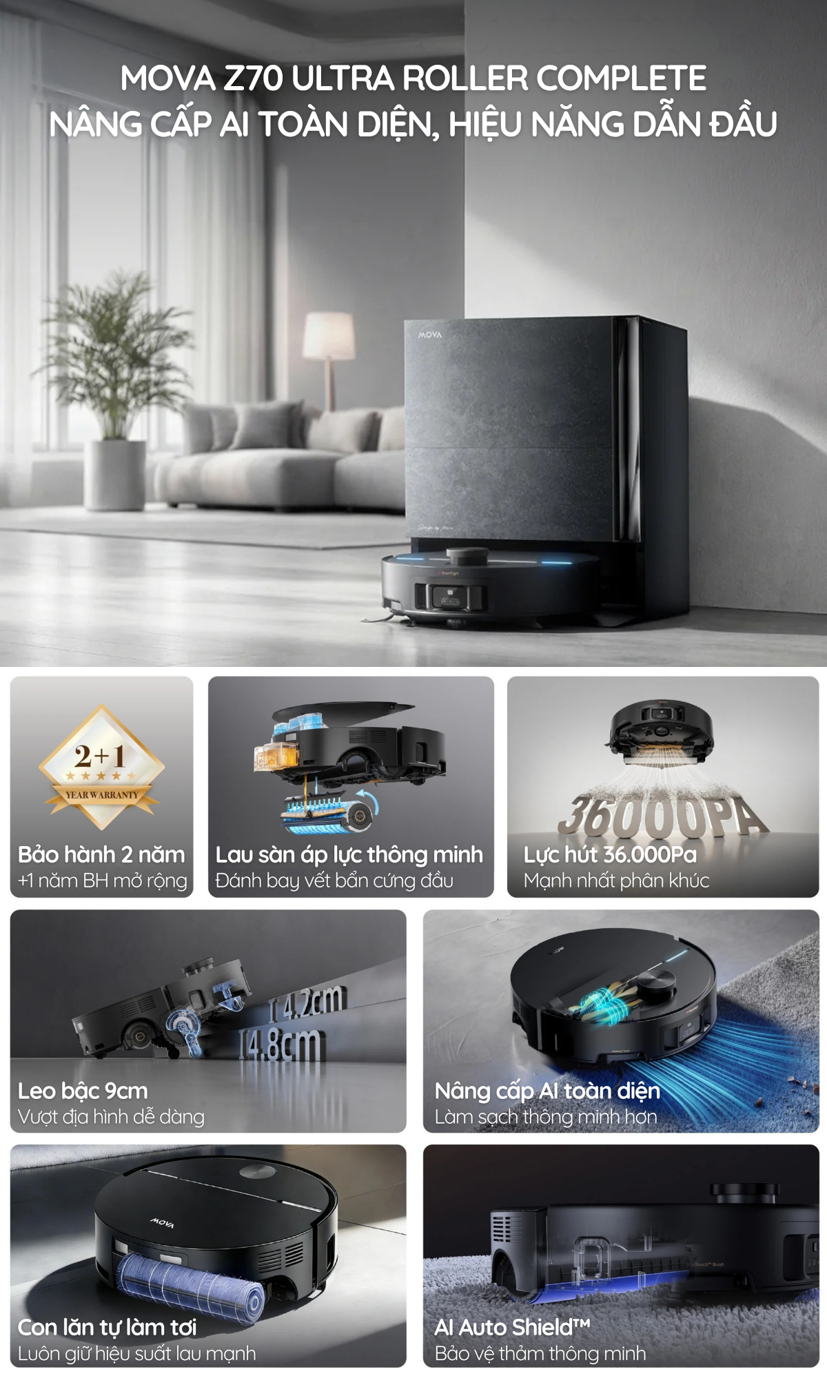 MOVA Z70 ULTRA ROLLER COMPLETE – ROBOT HÚT BỤI LAU NHÀ AI CAO CẤP, LỰC HÚT 36.000PA, TỰ ĐỘNG HOÀN TOÀN