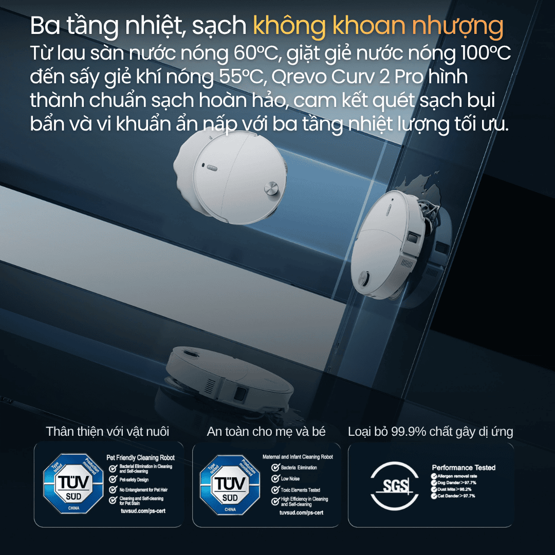 Giặt giẻ nước nóng 100°C & sấy khô 55°C - Ba tầng nhiệt lượng sạch khuẩn tuyệt đối