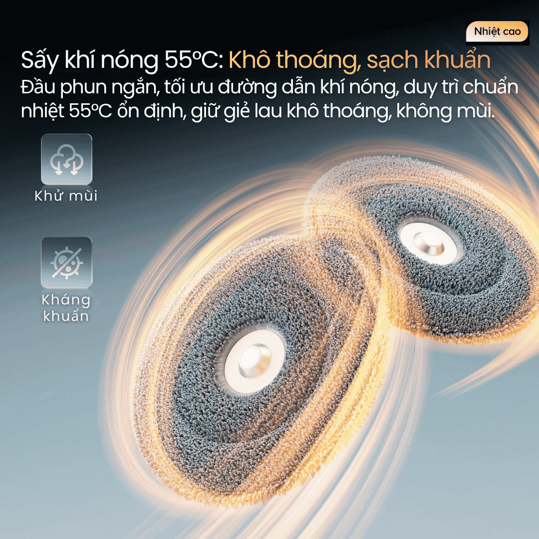 Sấy khô khí nóng 55°C: Giữ giẻ lau khô thoáng, không ám mùi.