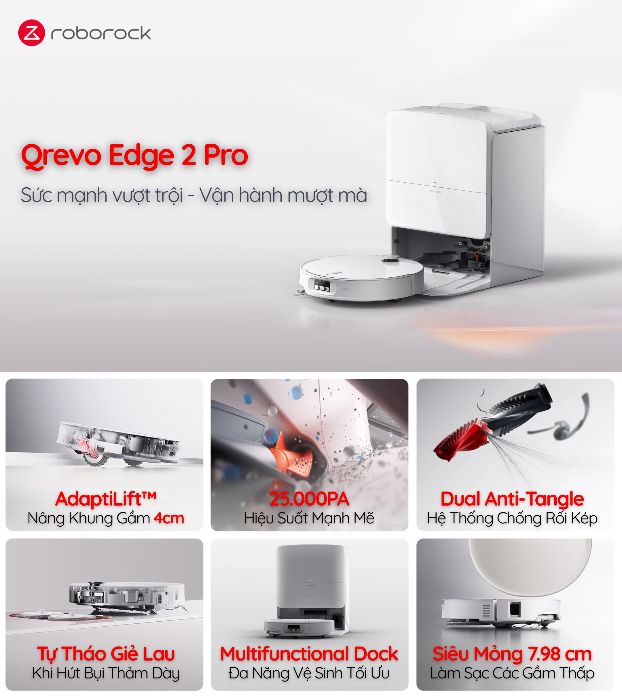 Robot hút bụi lau nhà Qrevo Edge 2 Pro: 25.000Pa - Giặt giẻ nước nóng 100°C - Công nghệ FlexiArm lau sát cạnh