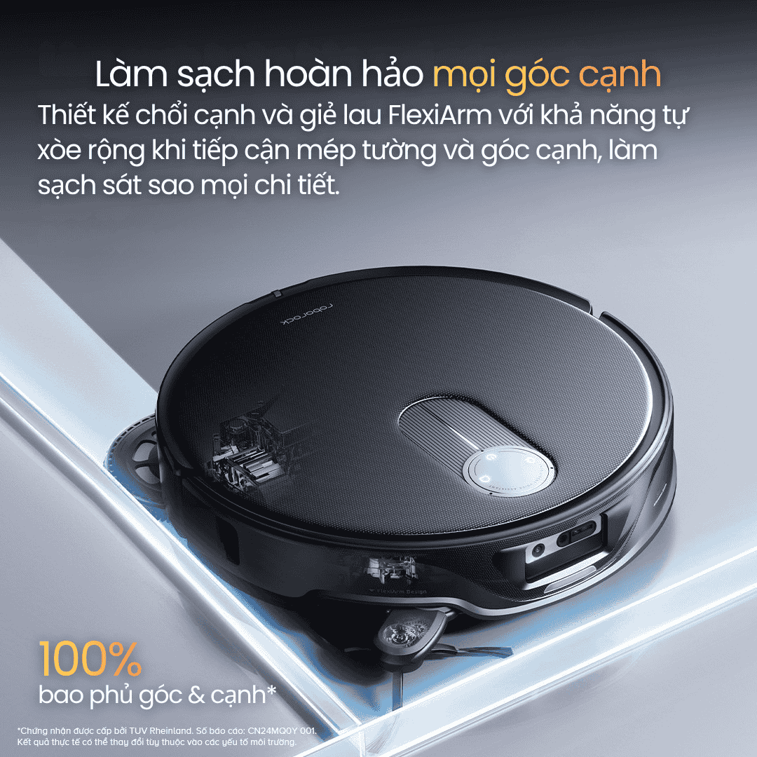 chổi bên và giẻ lau tự động mở rộng ra khi phát hiện góc cạnh