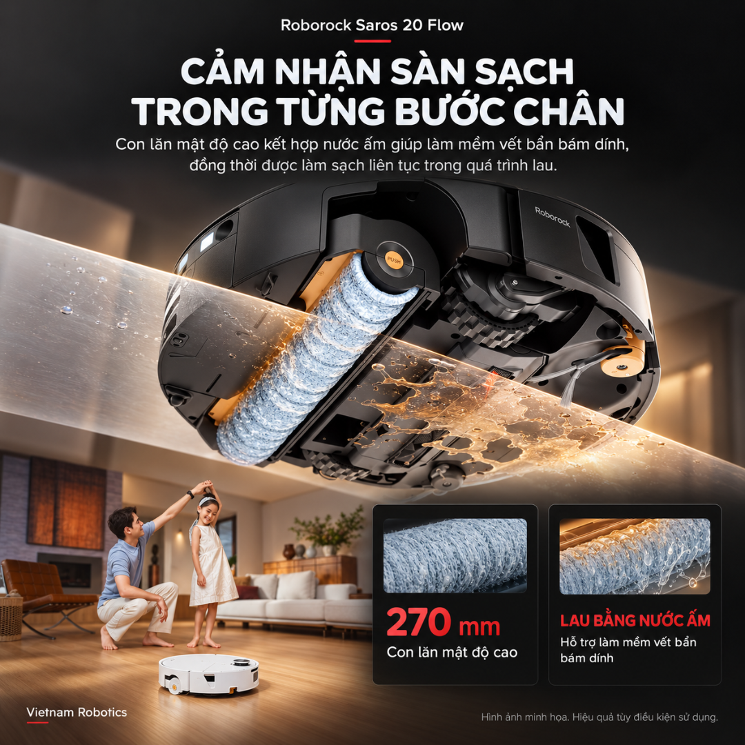 Saros 20 Flow có con lăn rộng 270 mm, được cấp nước ấm từ dock
