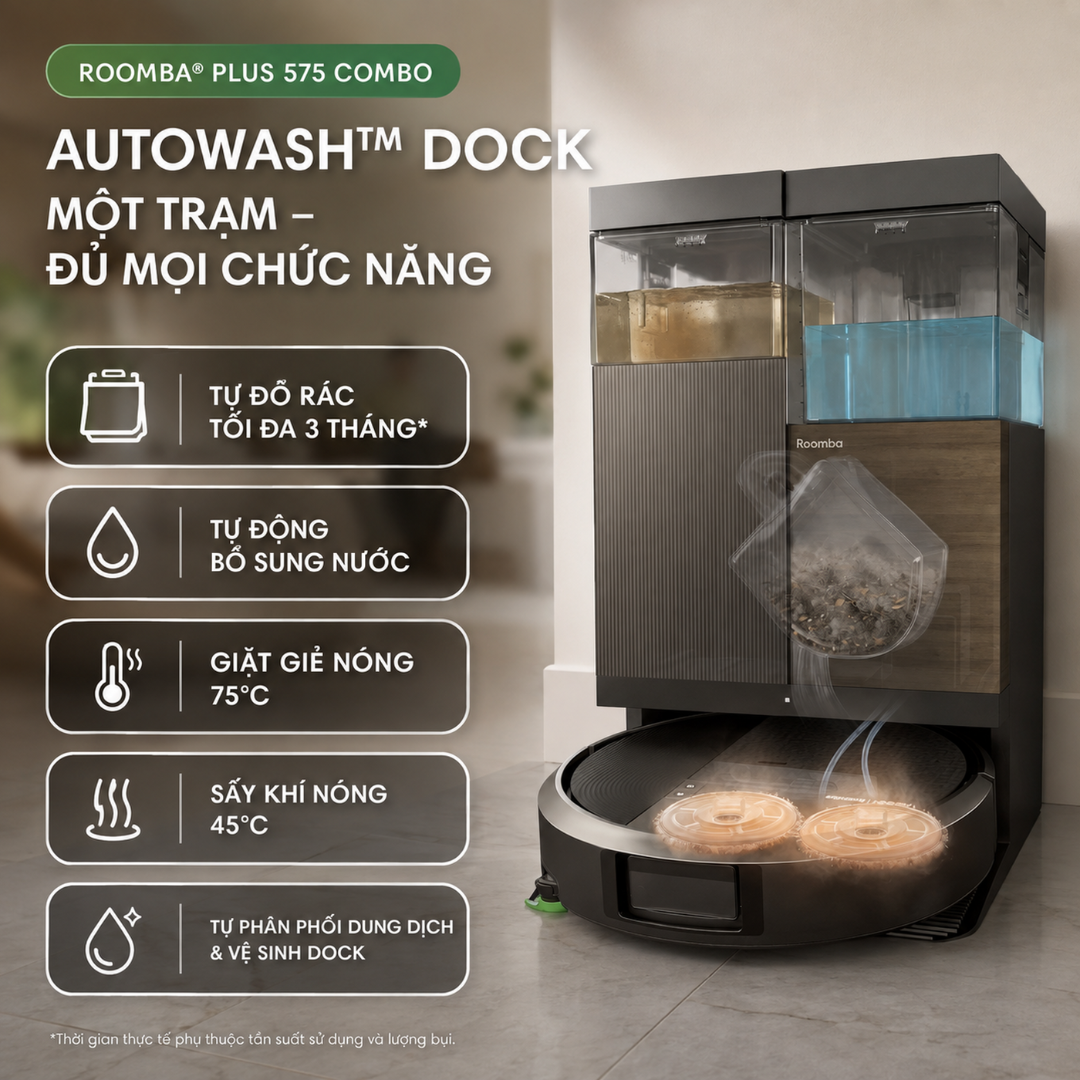 AutoWash™ Dock: tự đổ rác, giặt nóng và sấy giẻ