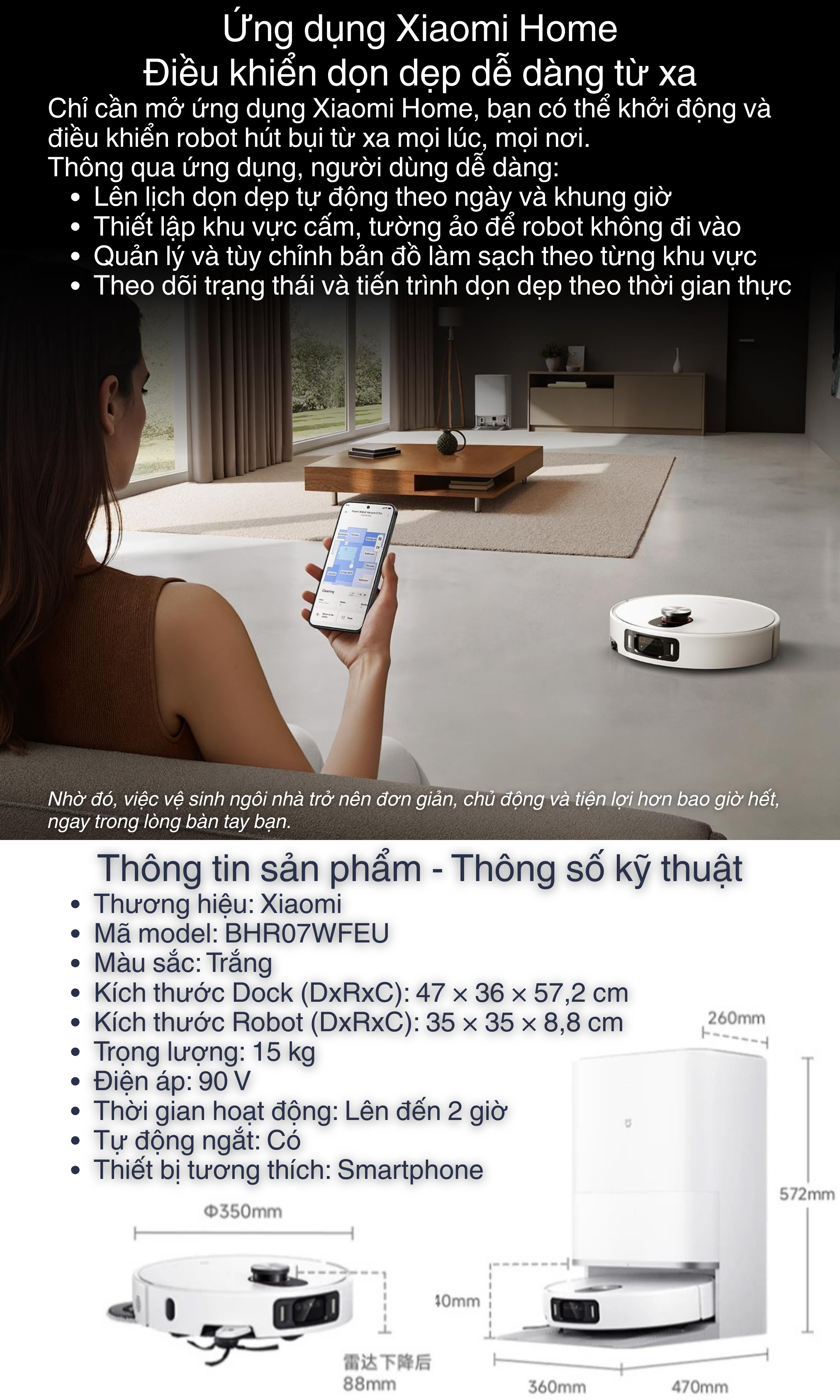 Xiaomi Vacuum 5 Pro - kết nối app mihome, thông số kỹ thuật