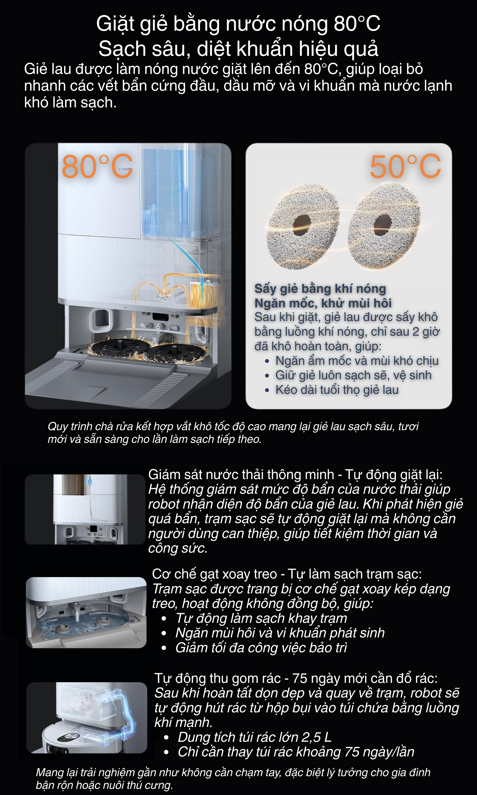 Xiaomi Vacuum 5 Pro - giặt giẻ bằng nước nóng 80 độ C, sấy giẻ bằng khí nóng