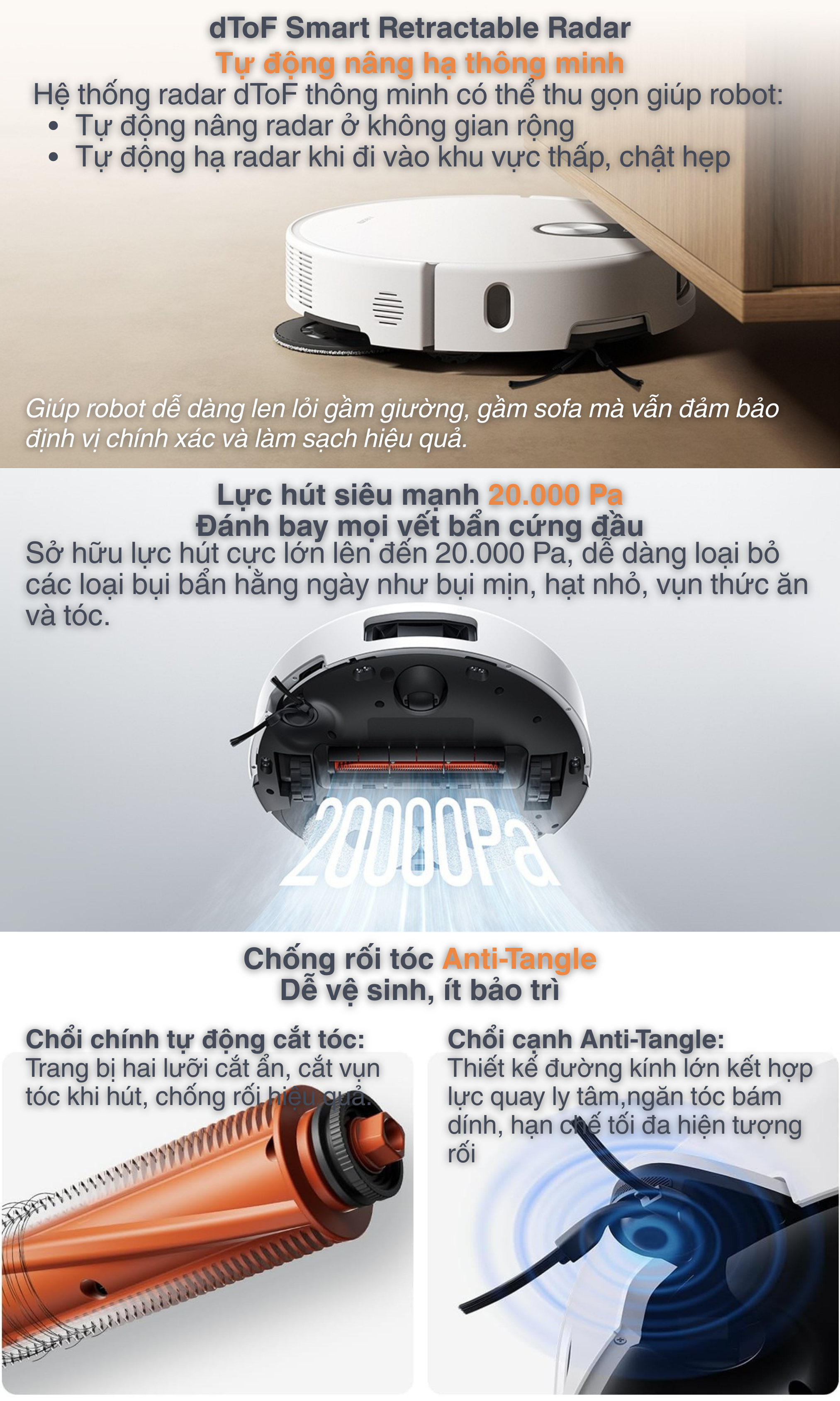 dToF Smart Retractable Radar Làm sạch hiệu quả cả những khu vực gầm thấp