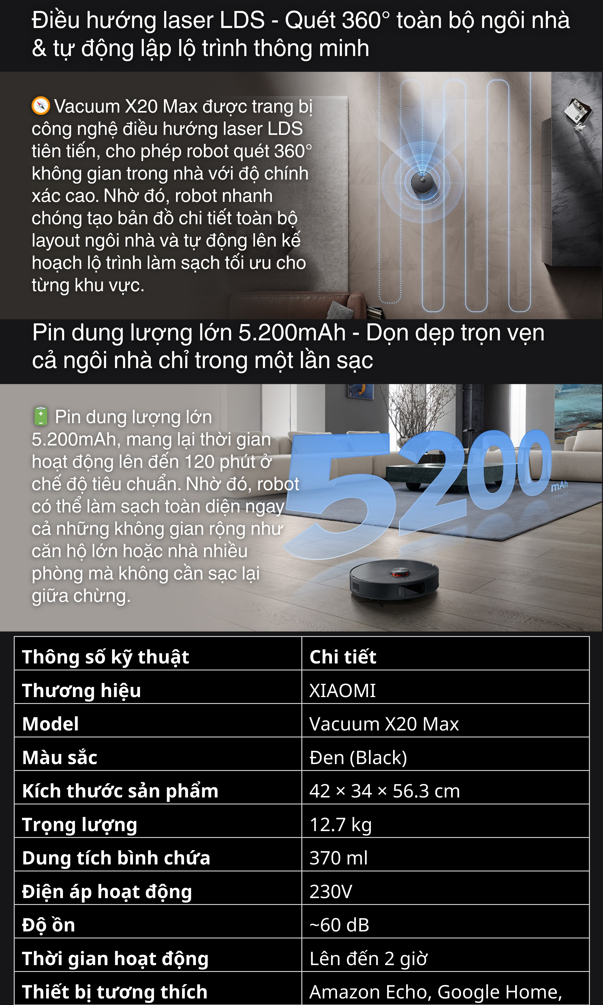 Điều hướng laser LDS - Quét 360° toàn bộ ngôi nhà & tự động lập lộ trình thông minh