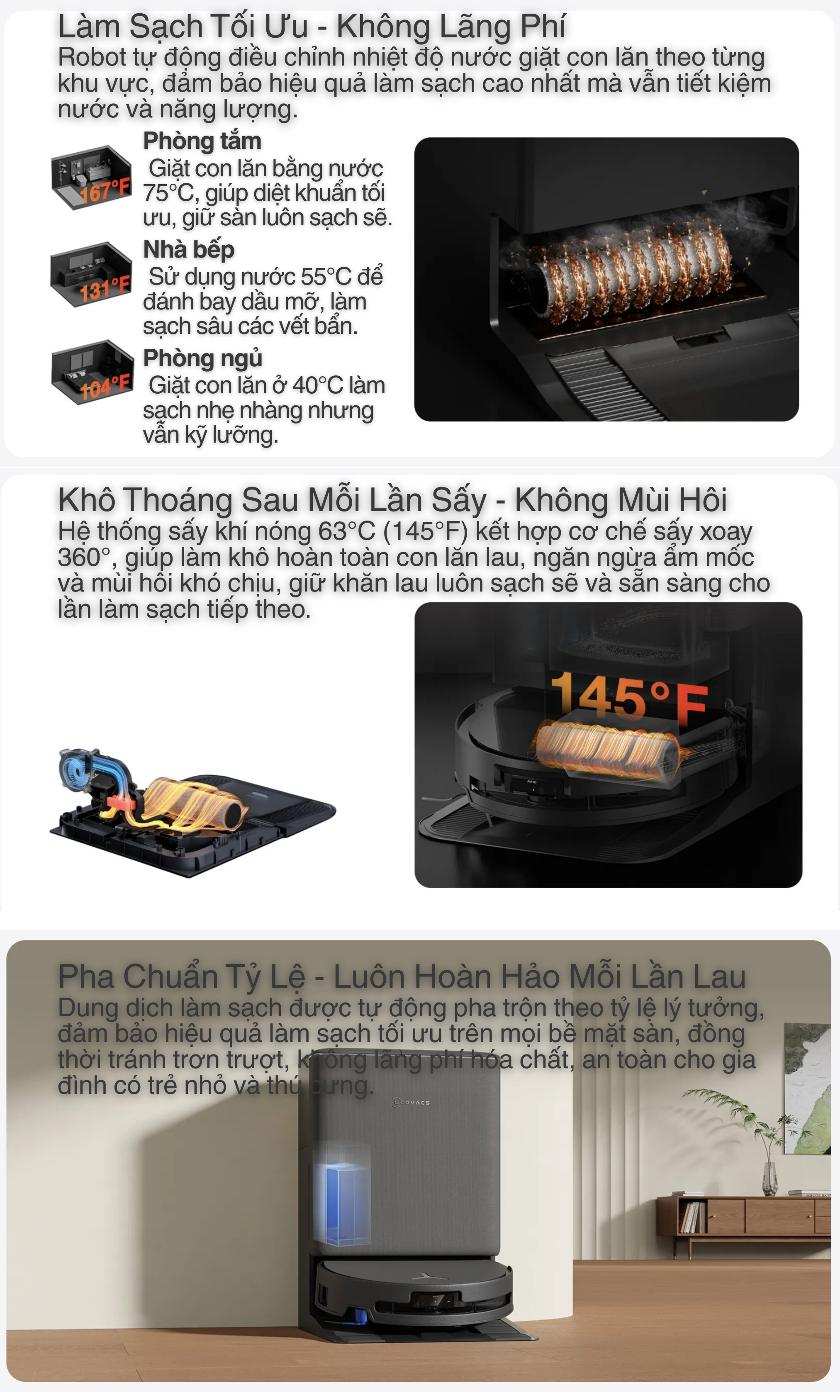 Robot tự động điều chỉnh nhiệt độ nước giặt con lăn theo từng khu vực, đảm bảo hiệu quả làm sạch cao nhất mà vẫn tiết kiệm nước và năng lượng.