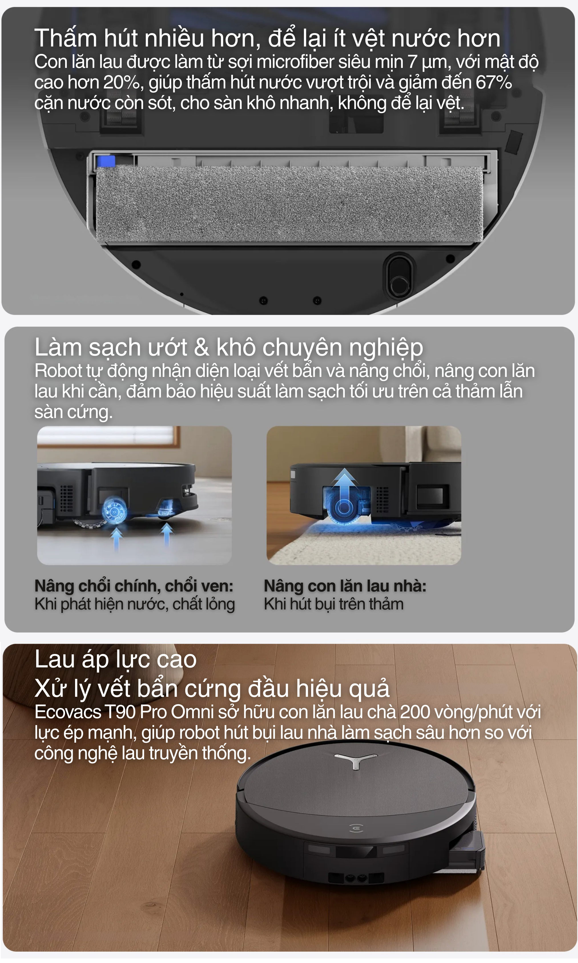 Robot tự động nhận diện loại vết bẩn và nâng chổi, nâng con lăn lau khi cần