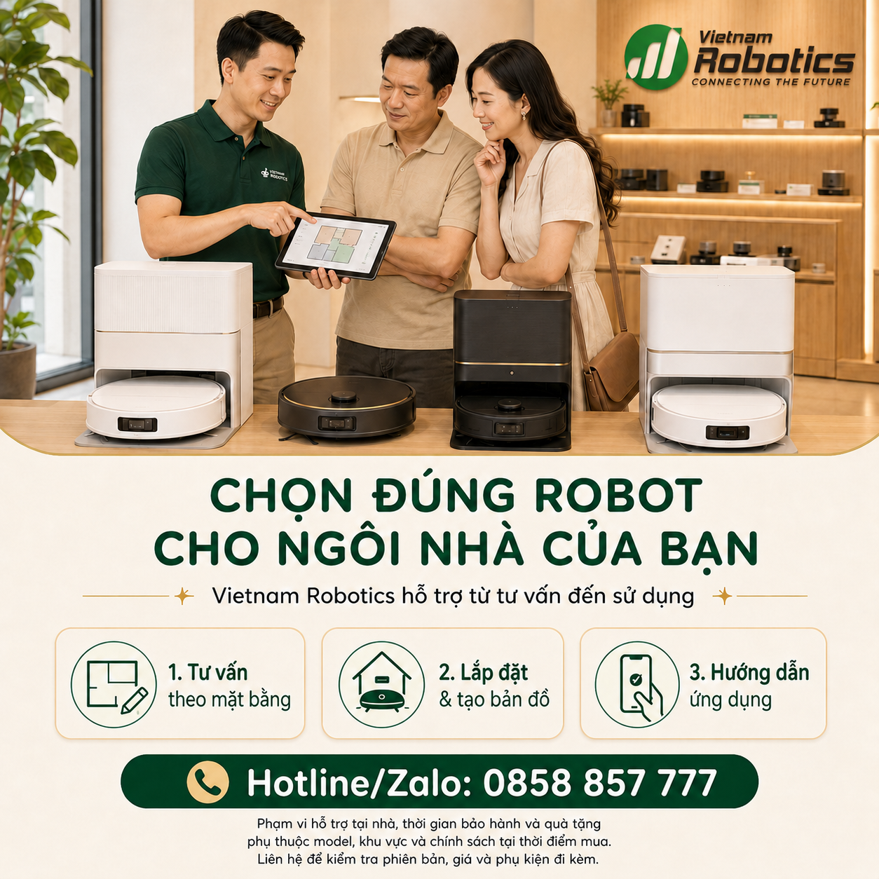 Vietnam Robotics hỗ trợ tư vấn theo mặt bằng, lắp đặt, tạo bản đồ và hướng dẫn ứng dụng.