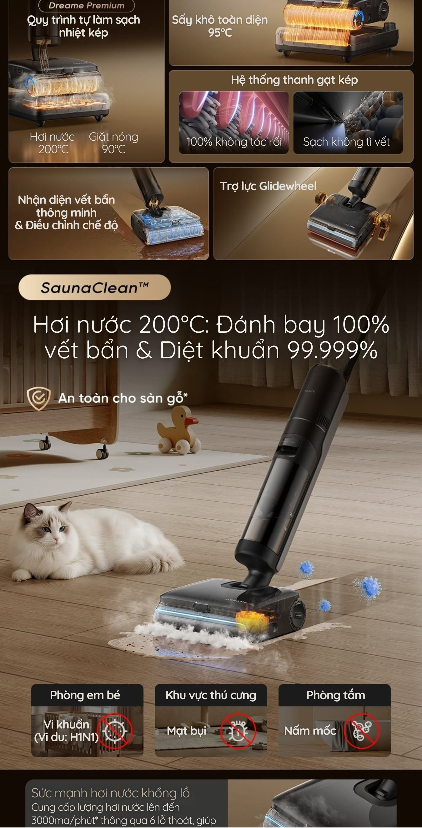 Hơi nước 200°C: Đánh bay 100% vết bẩn & Diệt khuẩn 99.999%