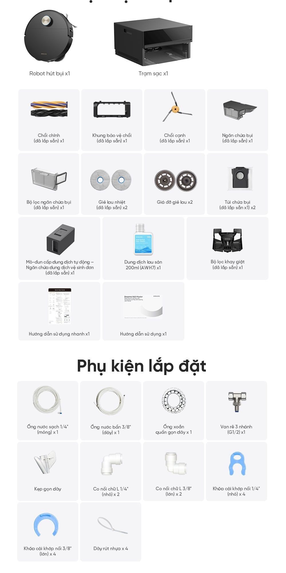 Dreame X60 Master - phụ kiện lắp ráp đầy đủ