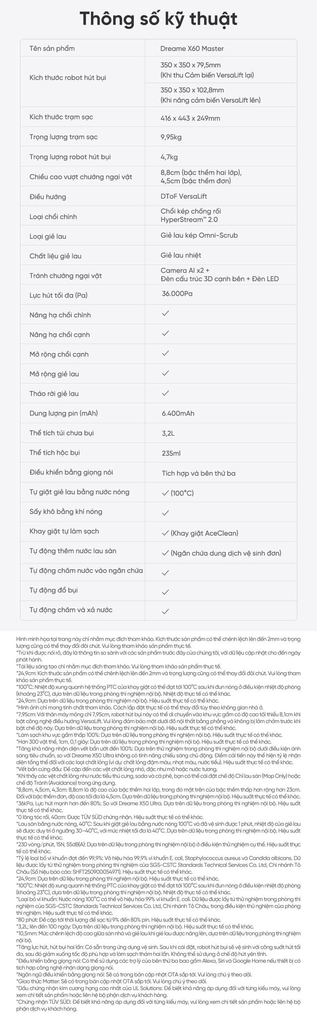 Dreame X60 Master - thông số kỹ thuật