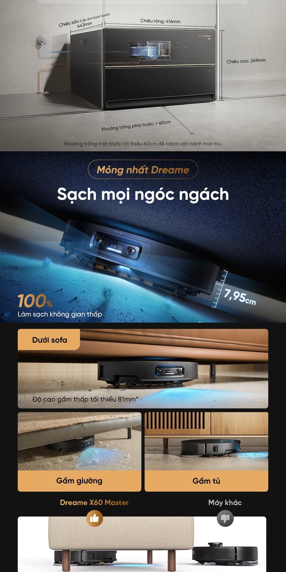 Dreame X60 Master - thiết kế siêu mỏng chỉ 7,95cm khi thu cảm biến VersaLift