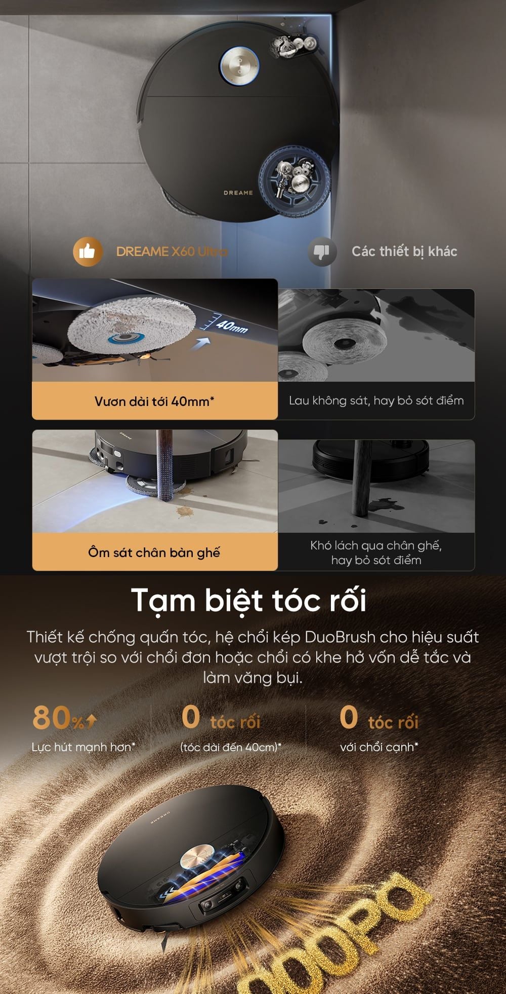 Với lực hút lên tới 36.000Pa, robot dễ dàng xử lý bụi mịn, tóc, lông thú cưng và rác vụn trên nhiều bề mặt sàn khác nhau.